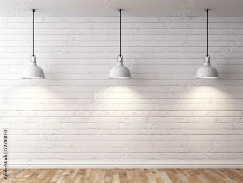 Pendant lights over a white brick wall, creating a minimalist aesthetic. Interior design concept. Generative AI
