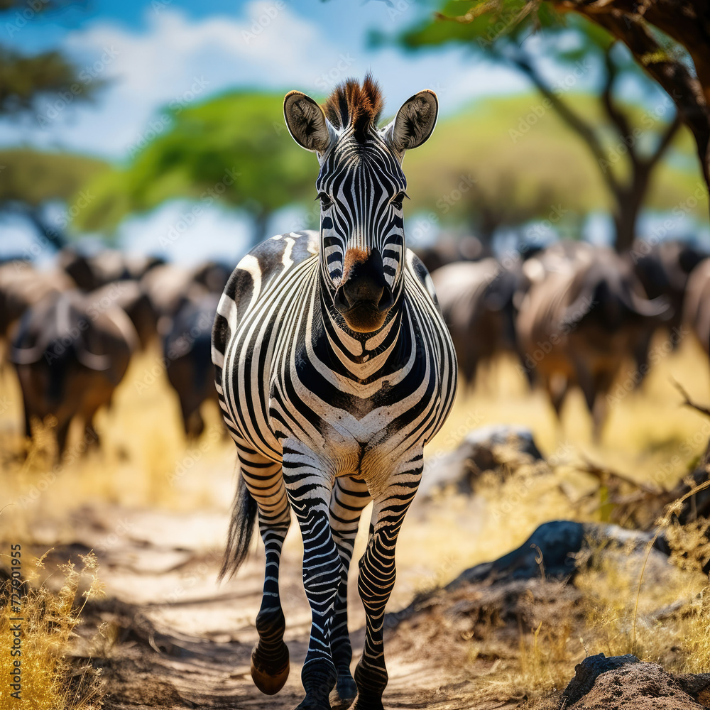 Obraz premium Zebra with a Herd of Wildebeests in African Savannah for Nature Conservation and Safari Tourism