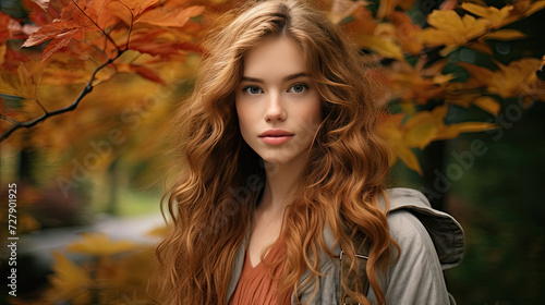 Young woman with auburn hair in serene autumn outdoor setting for fashion and lifestyle usage