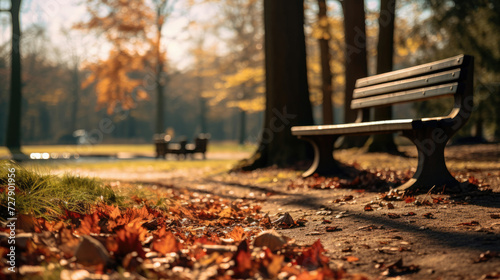 Peaceful autumn park scene with empty bench and fallen leaves ideal for relaxation and leisure themed designs