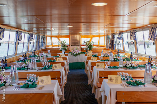 A Boat Wedding reception decorations/setup on Venetian Lagoon, Veneto, Italy photo