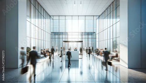Modern business lobby with geometric patterns and cityscape views. Innovative, design, structure. Generative AI
