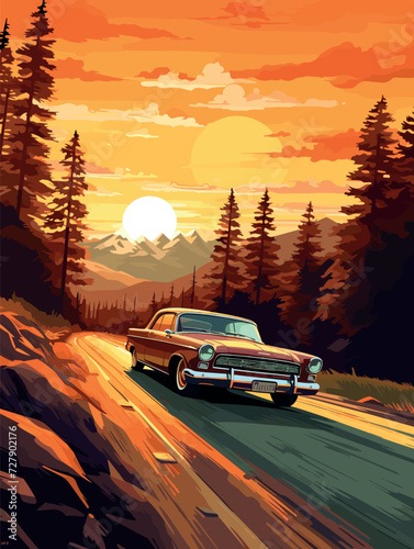 Illustrate a scenic drive at sunset, showcasing a car moving along a picturesque road