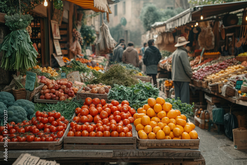 A bustling farmers' market, filled with vibrant stalls offering fresh produce and artisanal goods, embodying the spirit of community and sustainable living. Concept of local abundance. Generative Ai. photo