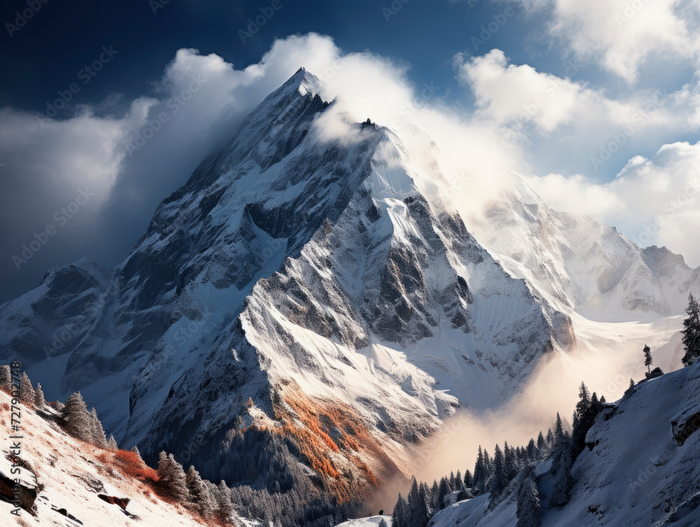 Snow covered mountain with autumn trees under a cloudy sky. Landscape photography. Generative AI