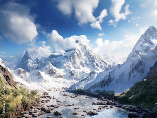 Peaceful mountain river flowing through a snowy alpine landscape. Generative AI