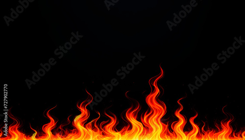 Fiery orange flames on a stark black background. Realistic fire texture. Generative AI