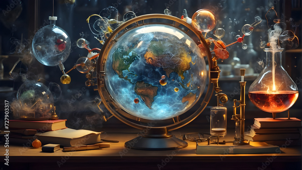 Cute kid scientist Medieval laboratory with planets and glass vials Cute kid scientist Medieval laboratory with planets and glass vials