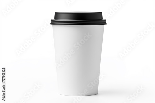 White mockup paper cup for hot coffee with black lid isolated on white background. Takeaway blank tea (coffee) cup for your design text or banner of brand