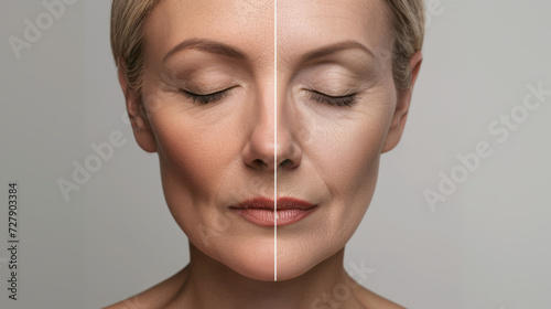 close-up of a woman's face showing a comparison between youthful skin on one side and aged skin with wrinkles on the other, against a neutral background