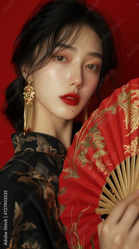 Elegant asian woman in traditional attire holds a fan, contrasting with a vibrant red backdrop
