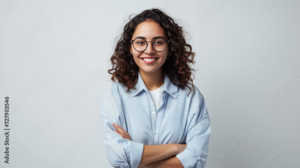 woman with short blonde hair and a confident smile is wearing a white shirt and stands with her arms crossed against a light grey background woman with short blonde hair and a confident smile is wearing a white shirt and stands with her arms crossed against a light grey background