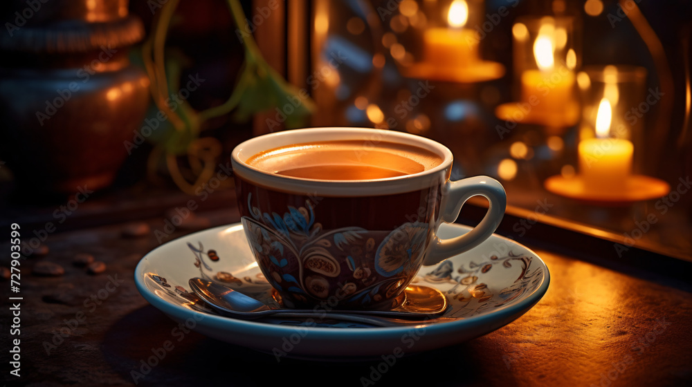 Next to the candles there is a fragrant cup of coffee,
Next to the candles there is a fragrant cup of coffee,