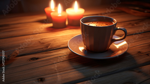  Next to the candles there is a fragrant cup of coffee, 