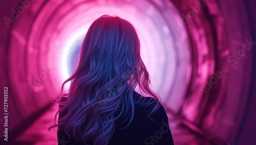 Silhouetted woman with flowing hair facing towards a glowing pink futuristic tunnel exit