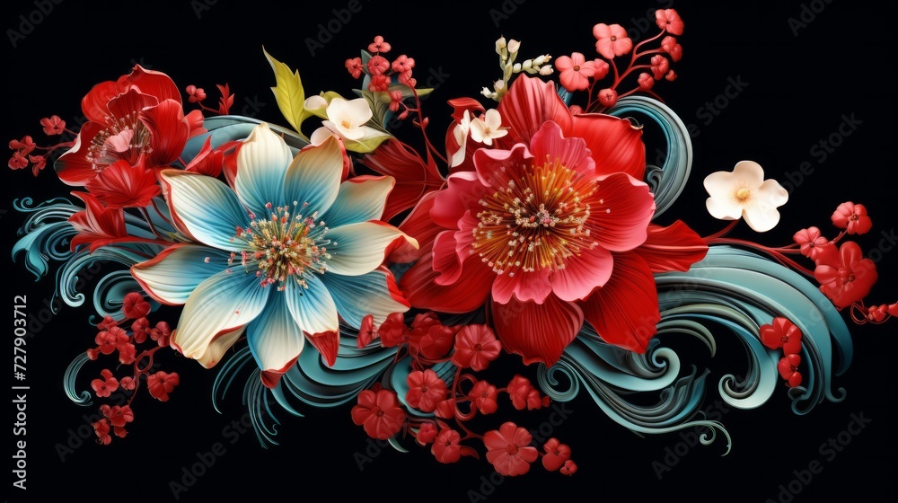 Beautiful flowers on a black background. Neural network AI generated art Beautiful flowers on a black background. Neural network AI generated art