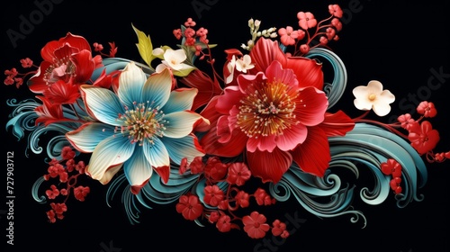 Beautiful flowers on a black background. Neural network AI generated art