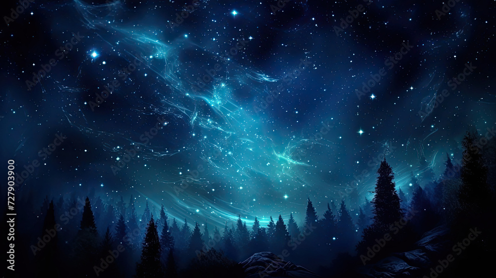 Serene night sky with a galaxy above tranquil pine forest perfect for ...