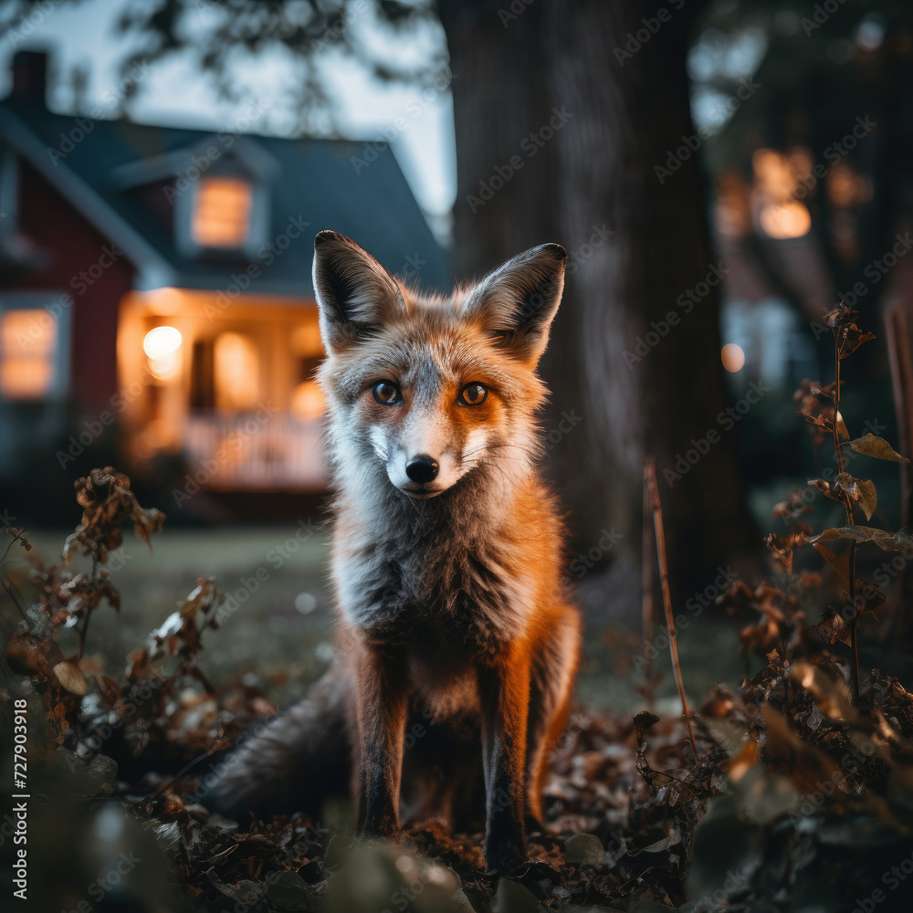 Attentive fox in a suburban garden at dusk ideal for environmental or wildlife publications