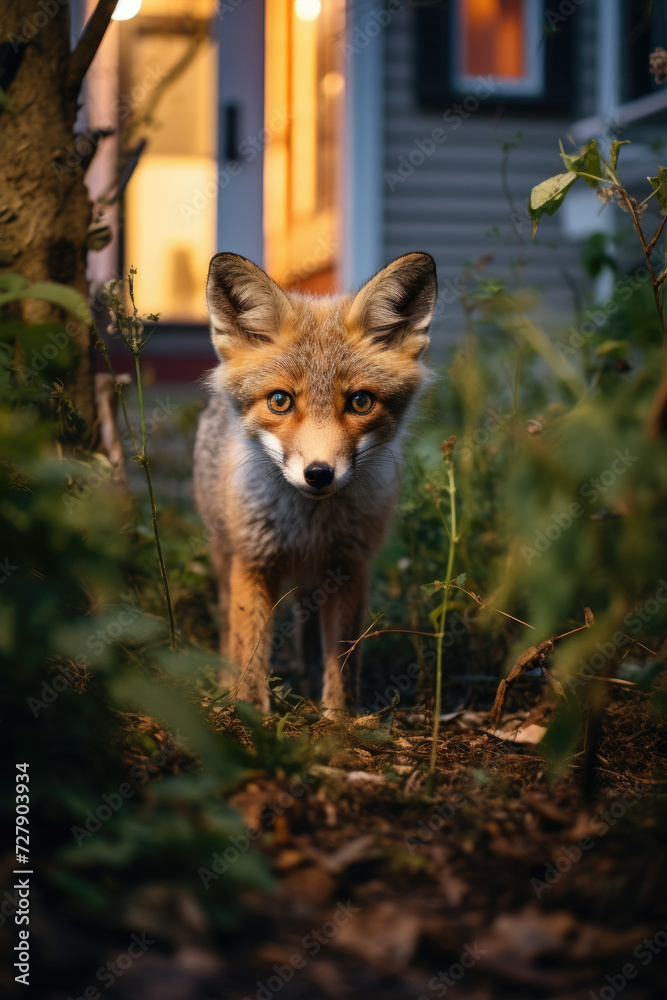 Curious fox in nature during golden hour suitable for wildlife awareness and outdoor themes