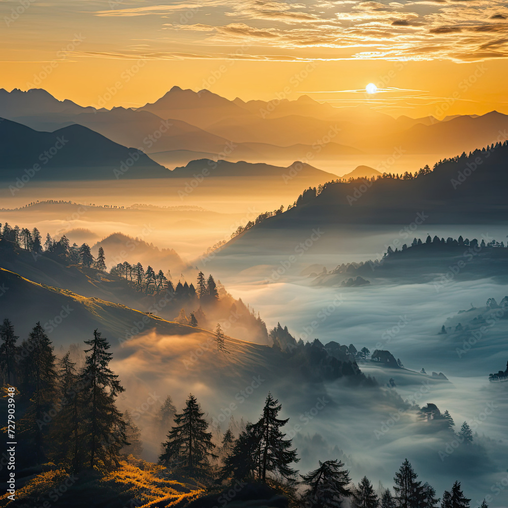 Serene mountain landscape at sunrise with mist rolling over hills perfect for travel and tourism marketing