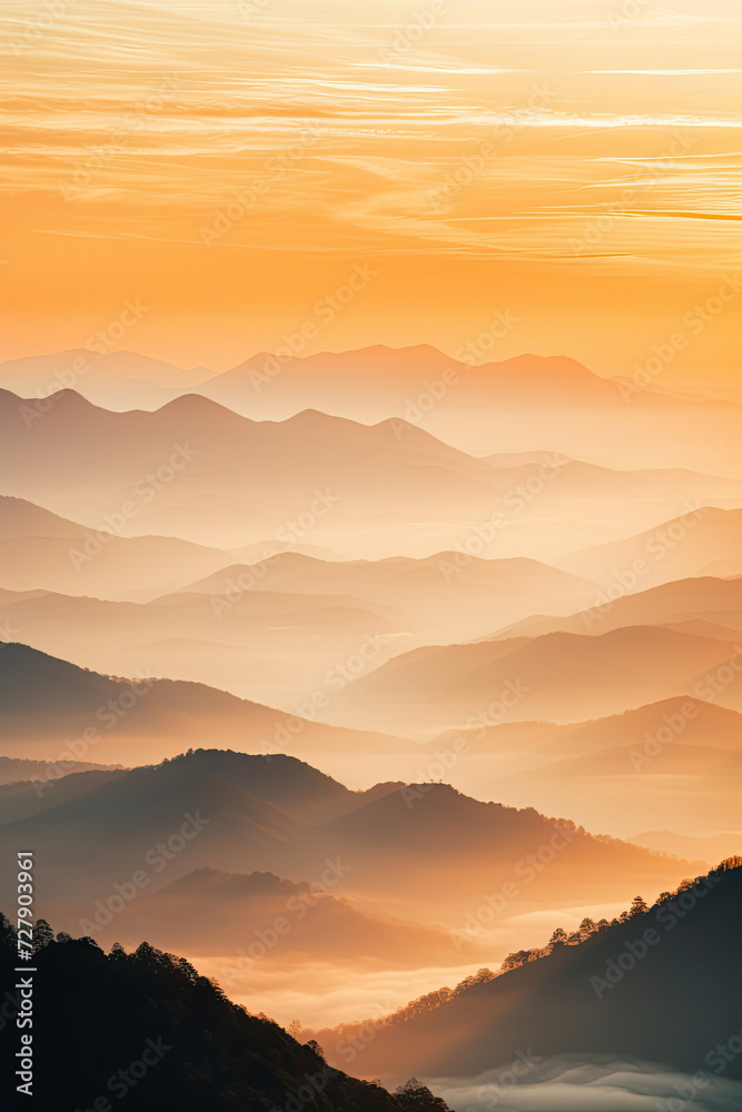 Serene sunset over layered mountain landscape ideal for travel and tourism