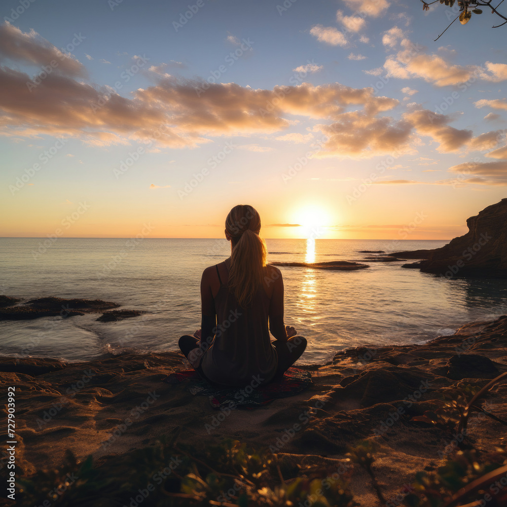 Young woman meditating on the beach at sunset promoting health wellness and travel