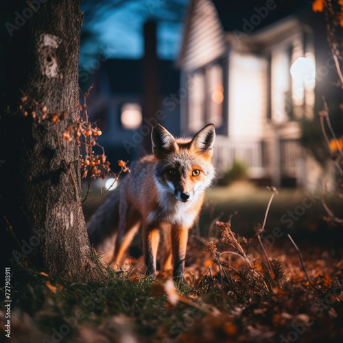 Curious fox in a suburban backyard at dusk with ambient street lighting enhancing the atmosphere of serenity and wildlife presence