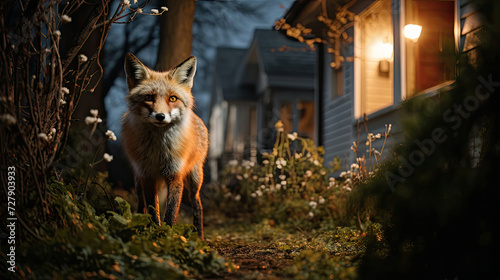 Curious fox standing on a garden path at dusk in a suburban setting with illuminated warm evening light perfect for wildlife and nature-themed narratives