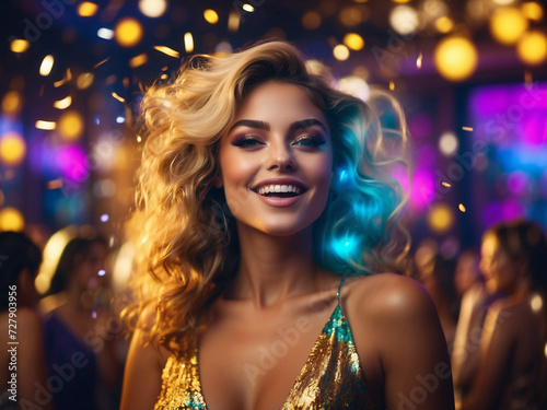 Glamour in Motion: Portrait of an Attractive Girl in Stunning Party Wear, Capturing Elegance and Allure, Ideal for Glamorous Events and Fashion Design, Generative AI.
