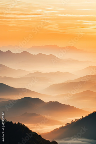Serene sunset over layered mountain landscape ideal for travel and tourism