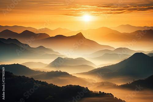 Serene mountain range at sunrise with mist ideal for travel and tourism industry scenic backdrop