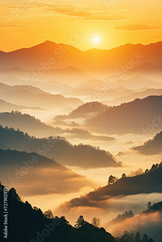 Serene Sunset over Misty Mountains Ideal for Nature-Themed Advertisements and Travel Promotion