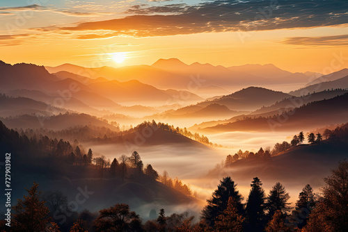 Serene sunset over misty hills with tranquil atmosphere perfect for tourism and nature-inspired themes