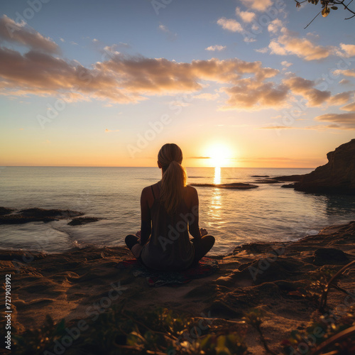 Young woman meditating on the beach at sunset promoting health wellness and travel © Made360