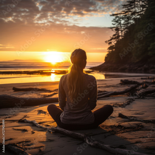Tranquil sunset beach meditation a serene moment of solitude and reflection in wellness and yoga industry