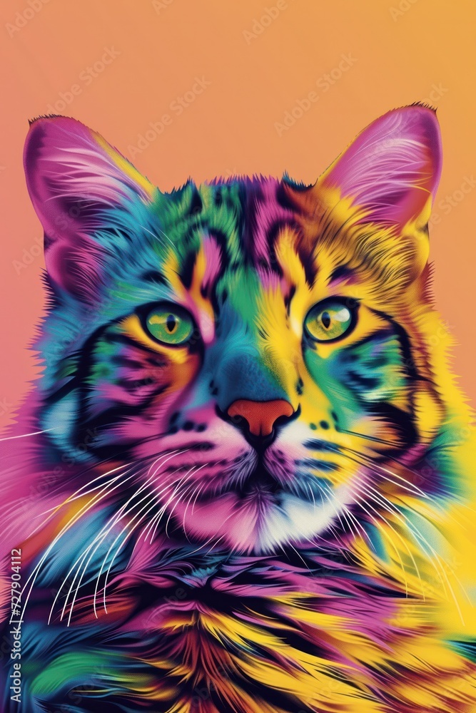 A vibrant, psychedelic portrait of a cat with an array of colors and artistic flair