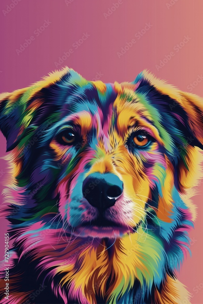 Colorful and artistic representation of a dog's face with a bold and vibrant digital art style