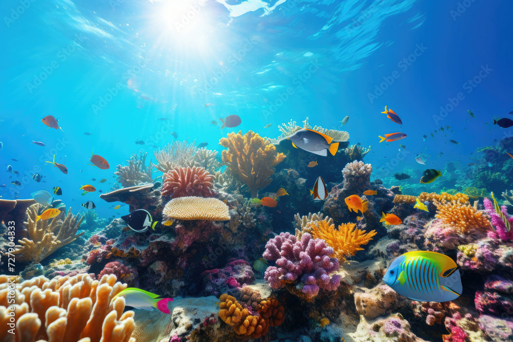 Vibrant underwater scene for tourism and educational material featuring coral reef tropical fish marine life marine conservation and natural beauty
