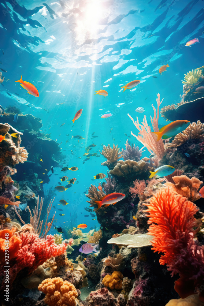 Naklejka premium Underwater marine life in a vibrant coral reef, depicting biodiversity and serene natural habitat, ideal for conservation and travel themes