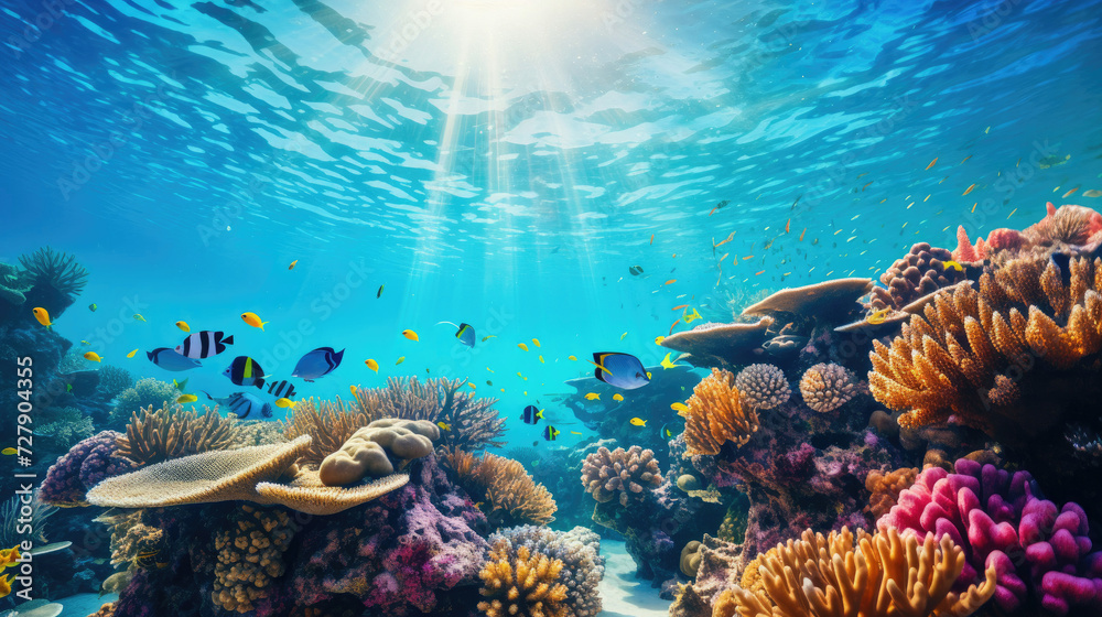 Underwater view of a coral reef with tropical fish and sea turtles suggesting themes like marine biology tourism and ocean conservation