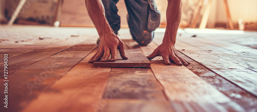 male worker lays parquet or laminate during home renovation photo