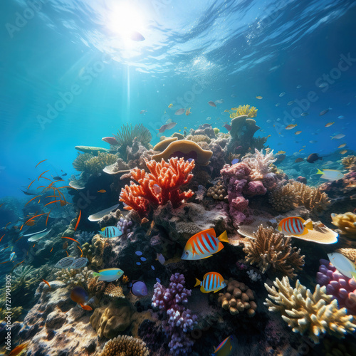 Underwater coral reef with marine life and sunbeams ideal for snorkeling and scuba tourism