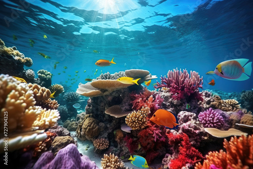 Underwater coral reef with vibrant sunlit ecosystem presenting sustainable marine life ideal for eco-tourism and marine biology