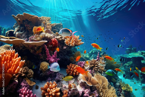 Underwater Coral Reef with Colorful Fish and Sunrays Ideal for Conservation and Tourism Industries
