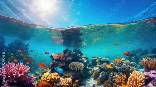 Serene underwater scene with vibrant coral reef and diverse marine life ideal for nature travel destinations and conservation awareness