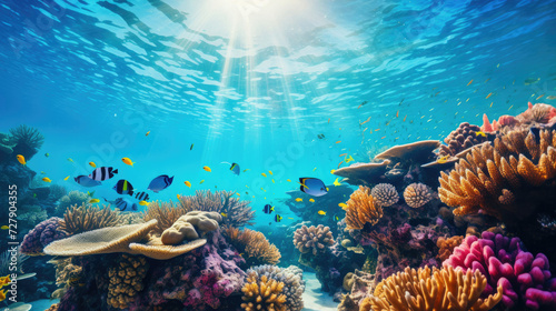 Underwater view of a coral reef with tropical fish and sea turtles suggesting themes like marine biology tourism and ocean conservation