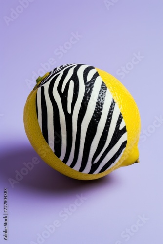 A lemon with playful zebra patterns on its skin against a soft purple background