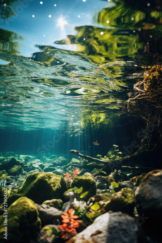 Serene underwater scene with vibrant aquatic plants and sun rays suitable for environment themed visuals