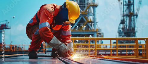 A welding specialist repairs metal structures at an offshore oil plant.